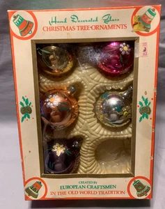 5 Vintage Xmas Tree Hand Decorated Glass Ornaments - Picture 1 of 6