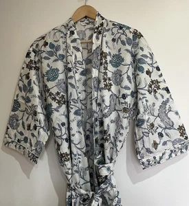 Indian Cotton Hand Block Print Hippie Long Kimono Bath Robe Nightwear Gown Dress - Picture 1 of 6