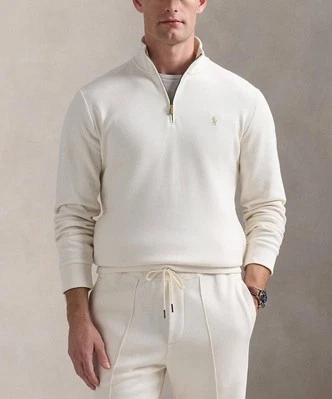 $148 POLO Ralph Lauren Hombre Malla Doble Punto 1/4 Cremallera Suéter Crema Talla L Foto 1 de 4