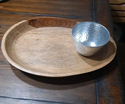 Beautiful Handmade Wood Serving Platter With Hammered Bowl For Dip - Image 1 of 4