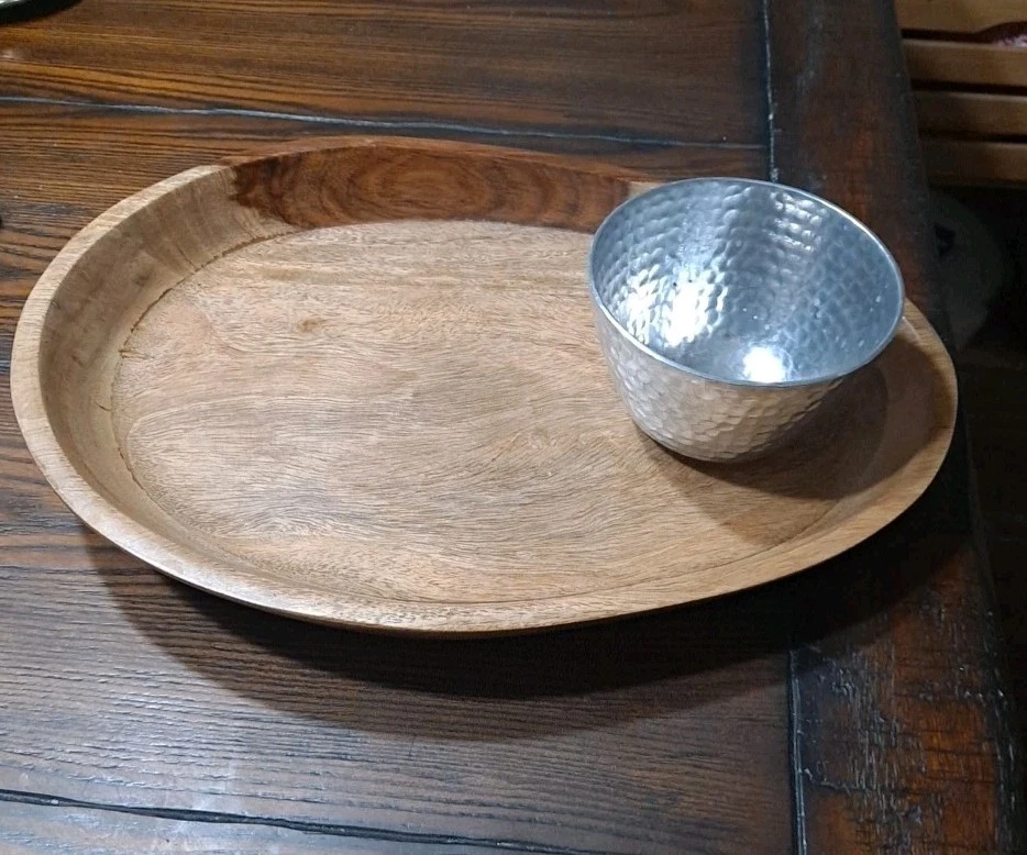 Beautiful Handmade Wood Serving Platter With Hammered Bowl For Dip - Image 1 of 4