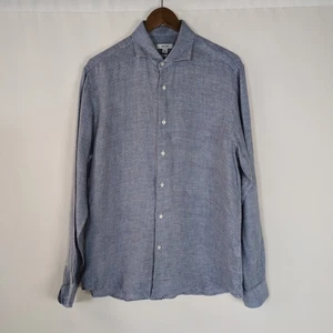 Reiss Shirt Linen Checked Men's Regular Fit Long Sleeve Blue Size L Large - Picture 1 of 13