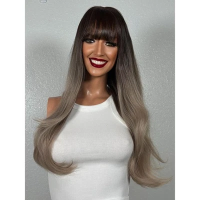 Peluca de mezcla de cabello humano con flequillo completo Mushroom Cenhy Ombré rubia raíz oscura mancha Foto 1 de 4