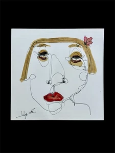 Red Lips – Original Ink, Watercolor & Coffee on Canvas Paper – 6x6” – Signed - Picture 1 of 4