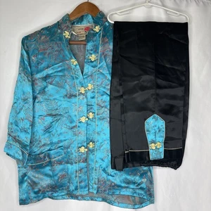 Vintage PEONY Marke asiatisch S Jacke & Hose 2-teiliges Outfit Shanghai China Viskose blau - Bild 1 von 15