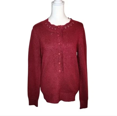 NEW Loft Scalloped Henley Pointelle Heathered Wine Sweater Size Small - Image 1 of 4