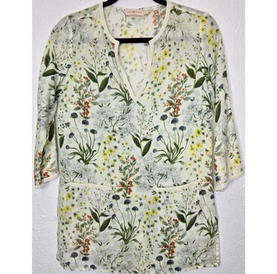 Blusa túnica botánica Tory Burch para mujer XS floral lino cuello en V playa boho chic Foto 1 de 4