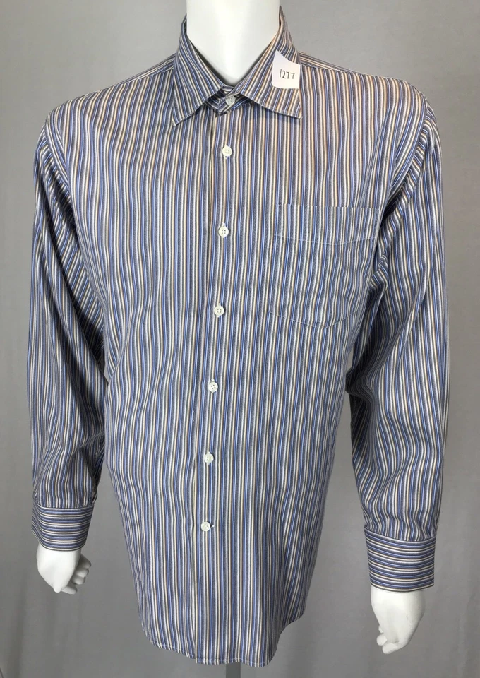 Men’s Barry Bricken XXL 2XL Candy Colored Metallics Blues & Tans Striped Shirt - Image 1 of 4
