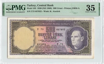 TURKEY 500 Lirasi 1930 (ND 1968), P-183, PMG 35 Choice Very Fine, Nice Grade - Image 1 of 2