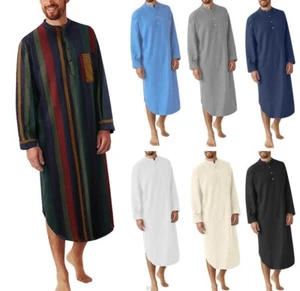 Men's Long Sleeve Solid Kaftan Thobe Button Down Henley Robe Casual Gown Shirt - Picture 1 of 20