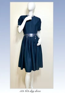 Vintage 50s 60s Full Skirt Rockabilly Angora Trim Navy Mod Day Dress S M - Picture 1 of 12