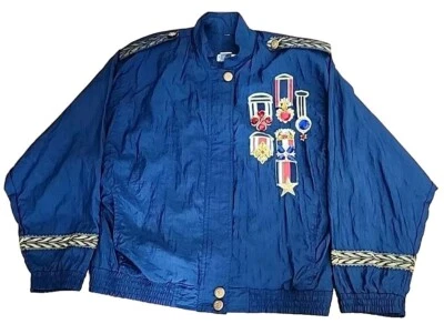 Lavon Vtg 80s Track Jacket Blue Nylon Windbreaker, Geometric Military Ribbon Sm - Image 1 of 4