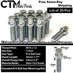 20x Chrome 14x1.5 Ball Seat Extend Lug Bolts 45mm Shank Fit 15mm-20mm Spacer Rim - Picture 1 of 5