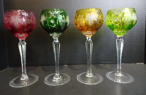 Crystal Wine Hocks Cut to Clear - 4 Cranberry Green Amber Chartreuse Bohemian 8" - Picture 1 of 18