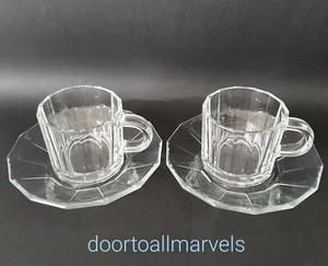 2 MCM Bormioli Vitrosax Italy Espresso Demitasse & Saucer Sets Faceted Glass - Picture 1 of 12