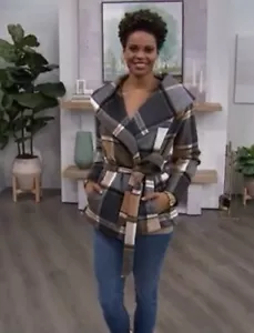 Coleen Lopez braun kariert Wollmischung breiter Schalkragen Gürtel & gefütterte Jacke Medium - Bild 1 von 11