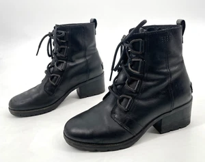 SOREL womens 7.5 Cate Lace up Black Leather Waterproof D-ring Rain Bootie heel - Picture 1 of 9