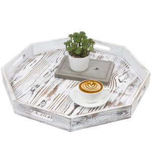 MyGift Vintage Whitewashed Wood Octagonal Serving Tray with 4 Cutout Handles - Picture 1 of 6