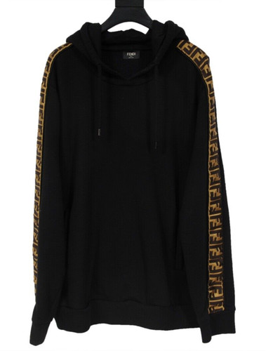 Felpa con cappuccio uomo Fendi FF nastro taglia IT 52 nero marrone lana cotone oro logo coulisse