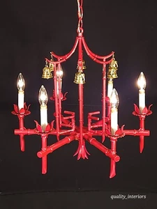 Antique Faux Bamboo Pagoda Hollywood Regency 6 Light Chandelier With Brass Bells - Picture 1 of 24