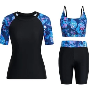 Rash Guard 3-Piece Swimsuit UPF 50+ Bikini Top Shirt High Waist Shorts UK 10-12 - Picture 1 of 8