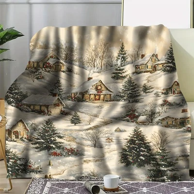 Acogedora manta de franela Snowy Village - suave, cálida y versátil para sofá Foto 1 de 4