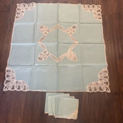 Mantel/topper vintage de encaje Battenburg - 33 x 34" 6 servilletas azul algodón y blanco Foto 1 de 4