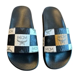 MCM Monogramed Logo Checkerboard Slip On Pool Slide Sandals NEW EU 35 US 5 - Picture 1 of 10
