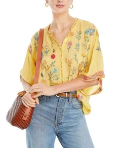 $280 Johnny Was Roylane Blouse Yellow Soft Citron Embroidery M Oversized NWOT - Picture 1 of 8