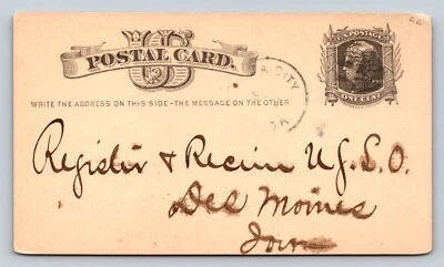1875 UX5 Liberty 1c Postal Card Communication DES MOINES IA Fancy Cork Cancel - Image 1 of 3
