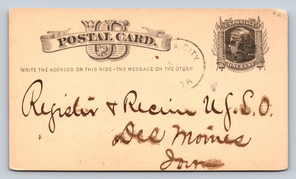 1875 UX5 Liberty 1c Postal Card Communication DES MOINES IA Fancy Cork Cancel - Image 1 of 3