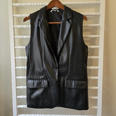 Chaleco Blazer Steve Madden Muesca Solapa Vegano Imitación Cuero en Negro, Talla Pequeña  Foto 1 de 4
