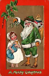 POSTCARD TUCK CRIMSON & GOLD SEIRES MERRY CHRISTMAS SANTA CLAUS GREEN SUIT - Picture 1 of 2