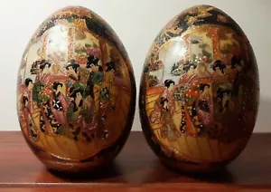 Coppia di uova Satsuma - dipinte a mano - oro 24 ct - marchio Cina - circa 1949-6,5 in - Foto 1 di 10