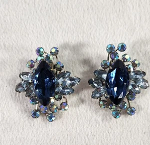 Kobaltblaue Marquise Strass mit hellblauen und AB Strass Clip Ohrringe - Bild 1 von 8