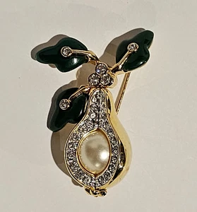 Vintage Joan Rivers Pear Lucite Rhinestone Couture Gold tone Brooch Avacado Rare - Picture 1 of 8