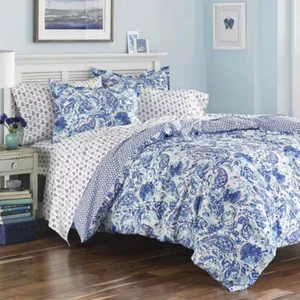 Brooke 3-Piece Blue Paisley Graphic Cotton Full/Queen Duvet Cover Set - Picture 1 of 5