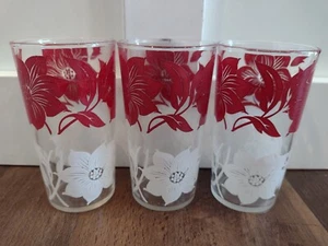 Vintage Mid-Century Atlas Red and White Flowers Glass Cups Lot of 3 - Picture 1 of 5