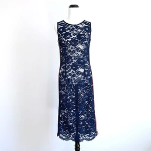 PINKO navy blue lace varsity side stripe slip pencil dress sheer sz 8 - Picture 1 of 12