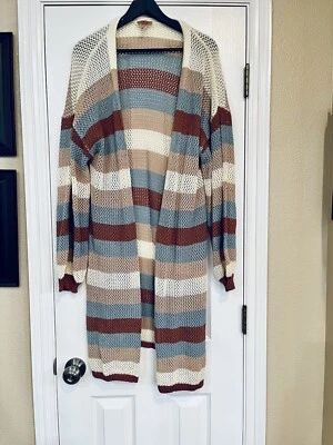 Длинный макси кардиган размер большой открытый трикотаж в полоску крючком ивы корень 41» длиной - Изображение 1 из 4