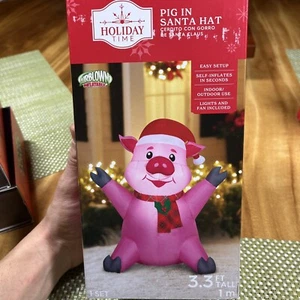 Airblown Inflatables 3.5 Foot Christmas Pig in Santa Hat Decoration Holiday Time - Picture 1 of 3