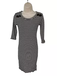 WOMEN NEXT UK 8 NAVY/WHITE STRIPE 3/4 SLEEVE CASUAL T SHIRT RIBBED BODYCON DRESS - Picture 1 of 4