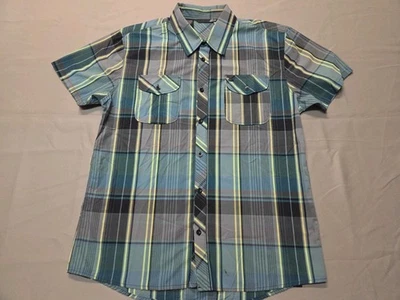 Потерянная мужская рубашка XL в клетку с коротким рукавом на пуговицах бирюзовый серый желтый повседневный FreeSH - Изображение 1 из 4