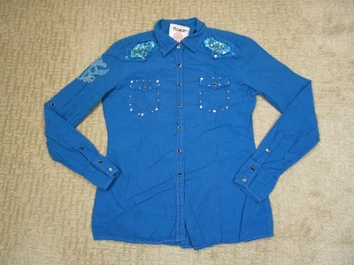 Camisa Roar Mujer Mediana Azul Rayas Perla Occidental A Presión Bedazzle Adornada Y2K Foto 1 de 4