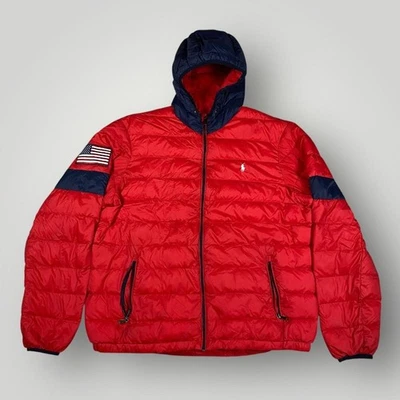 Polo Ralph Lauren 夹克男式 2XL 红色蓝色连帽羽绒美国国旗外套 — 第 1/4 张图片