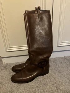 Gucci Ladies High Chocolate Leather Riding Boots GG Logo Size 39 1/2 C UK 6 C - Picture 1 of 13