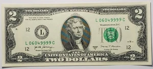 2017 A $2 GEM UNC fancy note with rollover serial# L06049999C, 1 of 2 - Picture 1 of 2