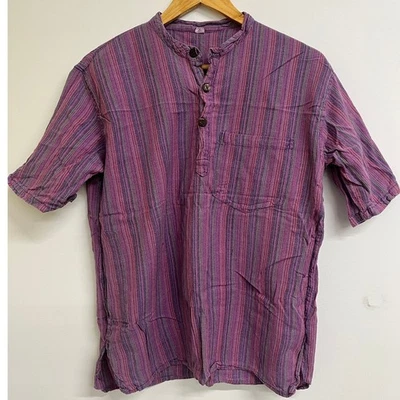 Purple Striped Grandad Shirt L Nepal 100% Cotton Hippie Boho Festival Top - Image 1 of 4