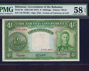 Bahamas 4 Shillings 1936 P-9e * PMG AU 58 EPQ * King George * - Picture 1 of 2
