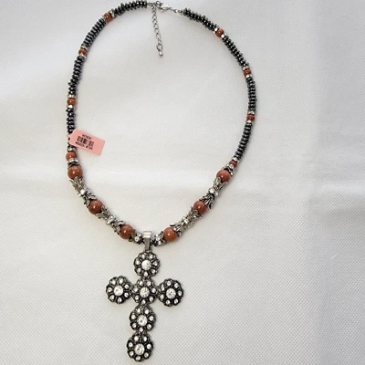 Artisan Cross Pendant Beaded Diamonds Goldstone Black Bead Necklace 18.5" 20.5" - Image 1 of 4